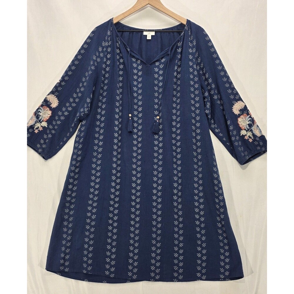 J Jill Blue Embroidered Tunic Dress Womens L Floral Shift Tassels Boho Peasant